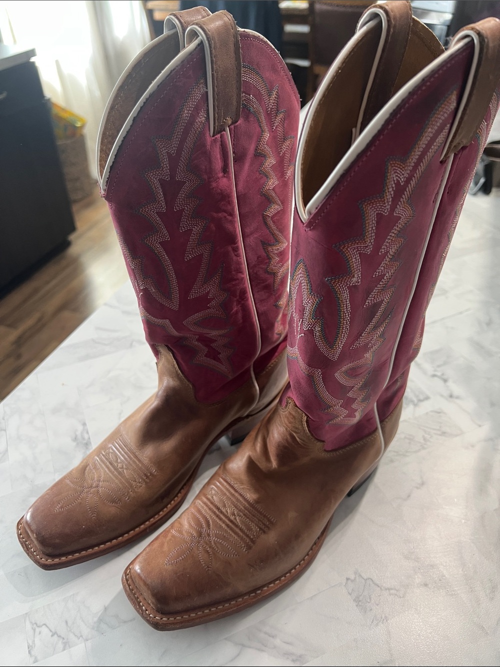 Justin Boots Brown Foot Pink Shaft Women's Western Cowboy Boots